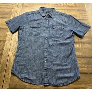 Kenneth Cole Classic Fit Blue Denim Short Sleeve Button Up Shirt Size L